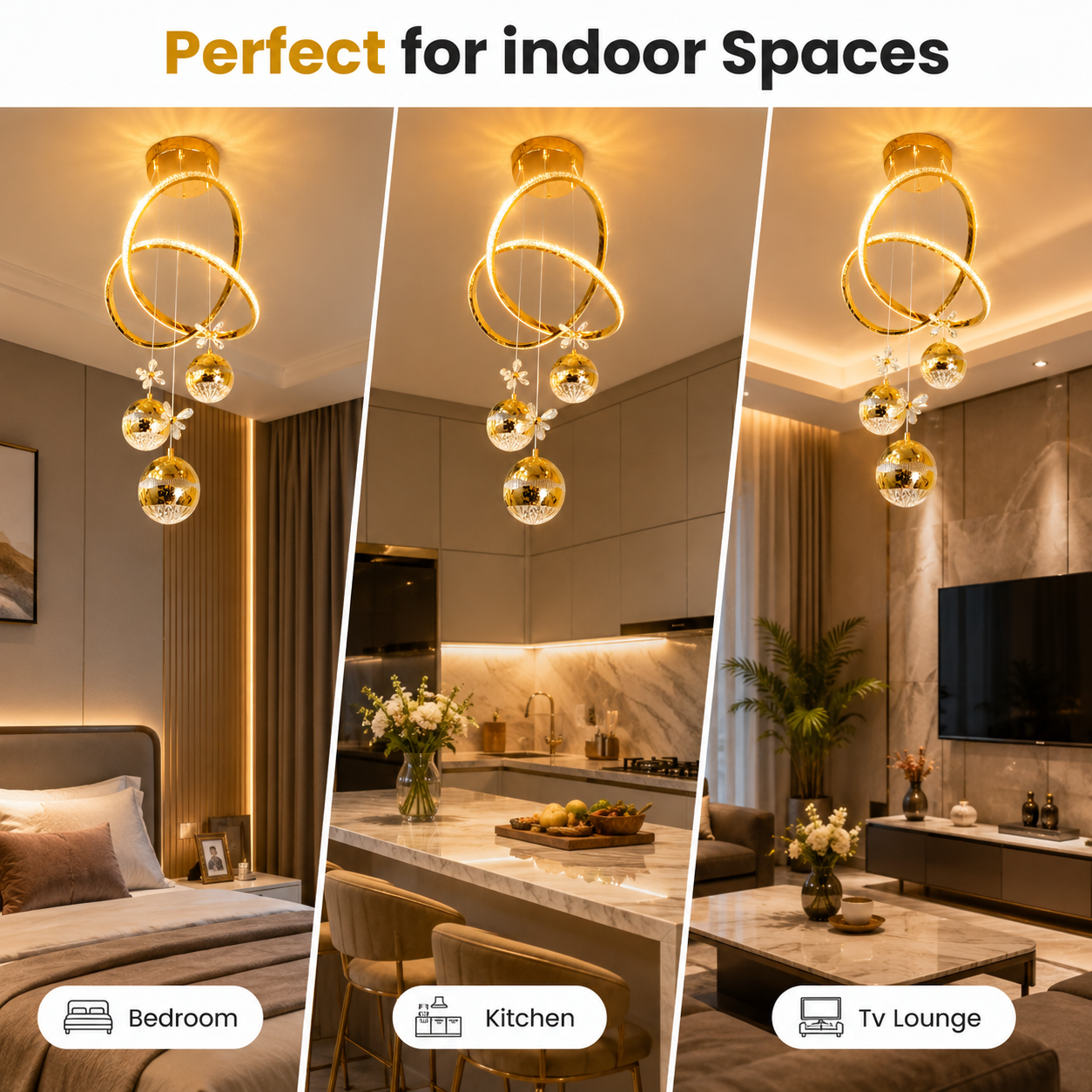 Collage of a modern chandelier in various indoor settings including bedroom, kitchen, and TV lounge.