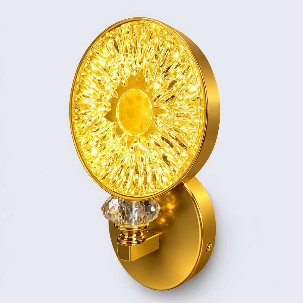 Modern gold LED wall light with crystal sunburst glass design
