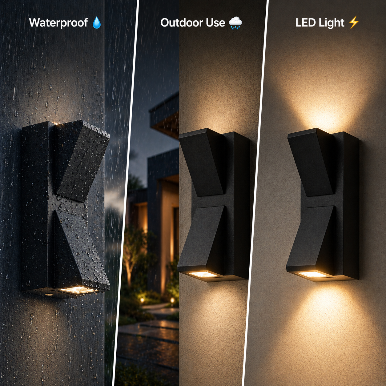 Outdoor wall light fixture with waterproof, outdoor use, and LED light features.