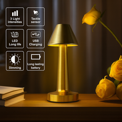 Golden LED table lamp with touch sensor and dimming for modern bedroom décor
