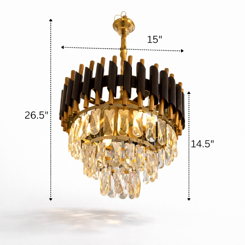 Chandelier with dimensions indicated on a white background
