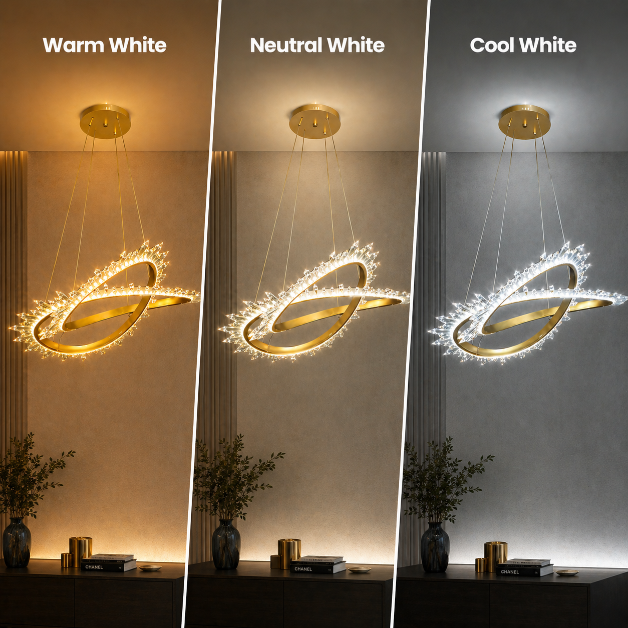 Three different lighting conditions shown on a ceiling light fixture with 'Warm White', 'Neutral White', and 'Cool White' labels.