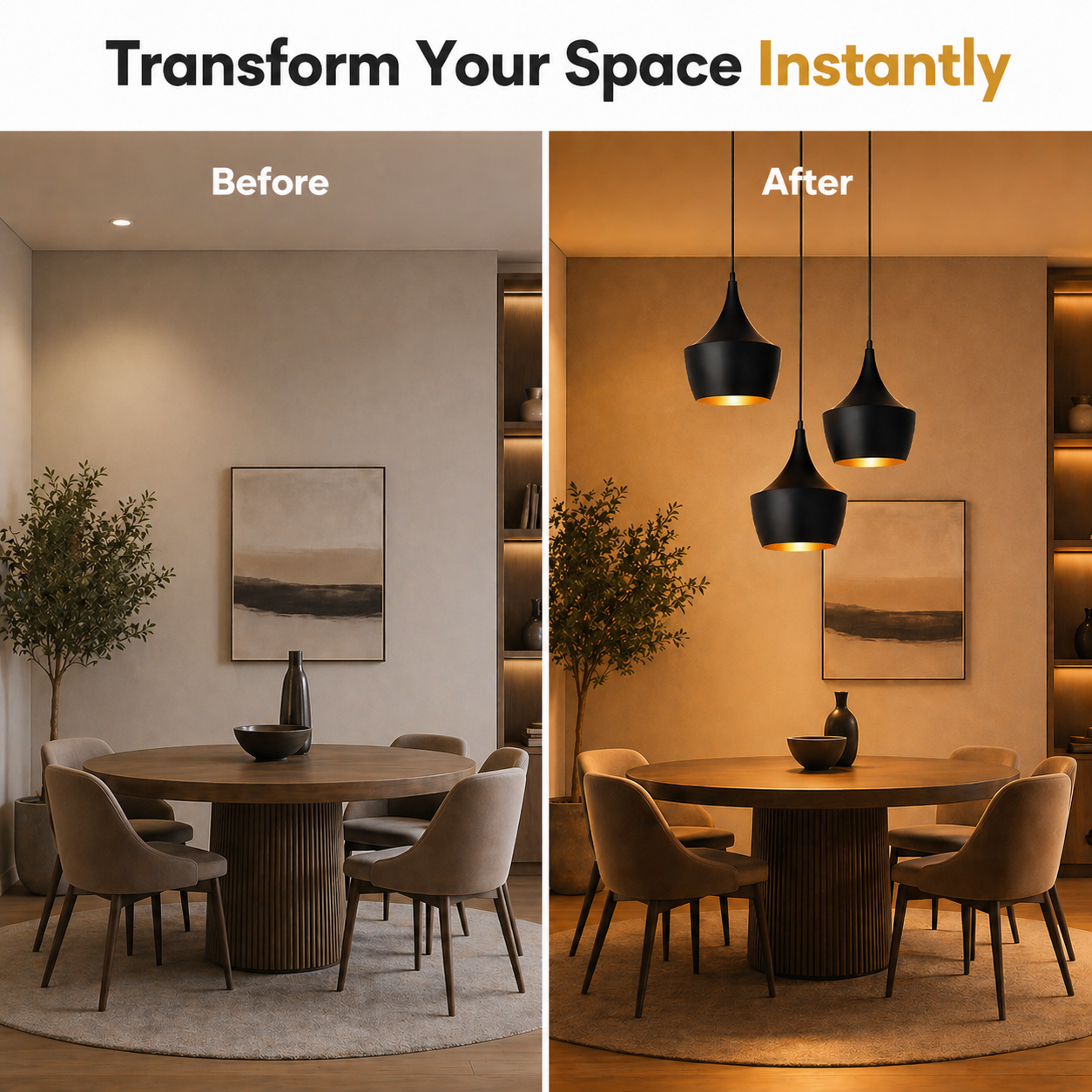 Before and after comparison of a dining room with added pendant lights.
