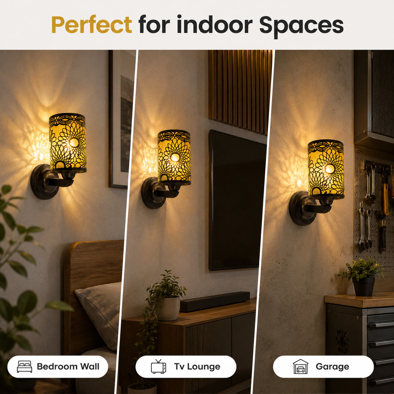 Decorative wall sconce with warm glow in various indoor settings.
