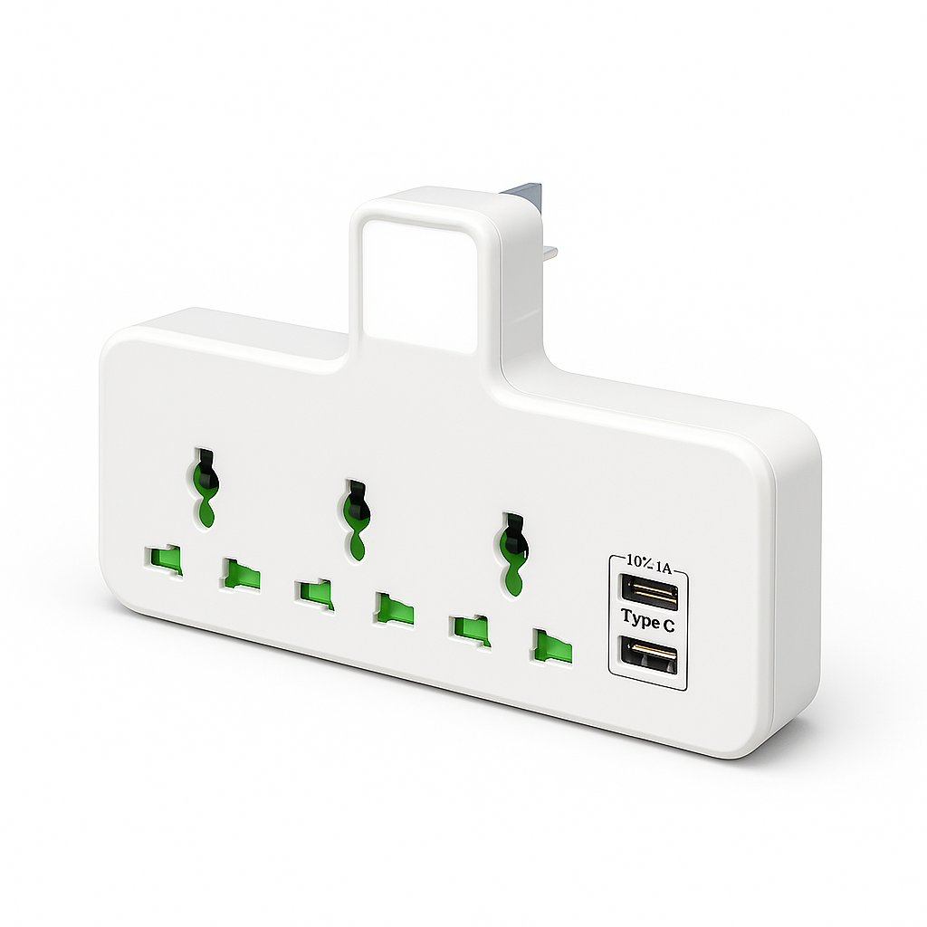 White power strip with multiple sockets and USB ports on a white background