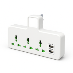 White power strip with multiple sockets and USB ports on a white background
