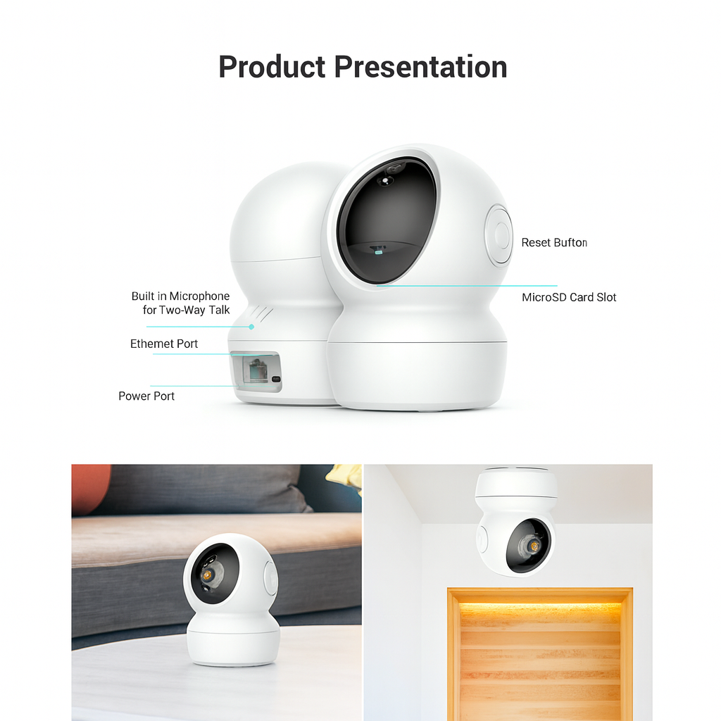 White security camera with features labeled on a white background