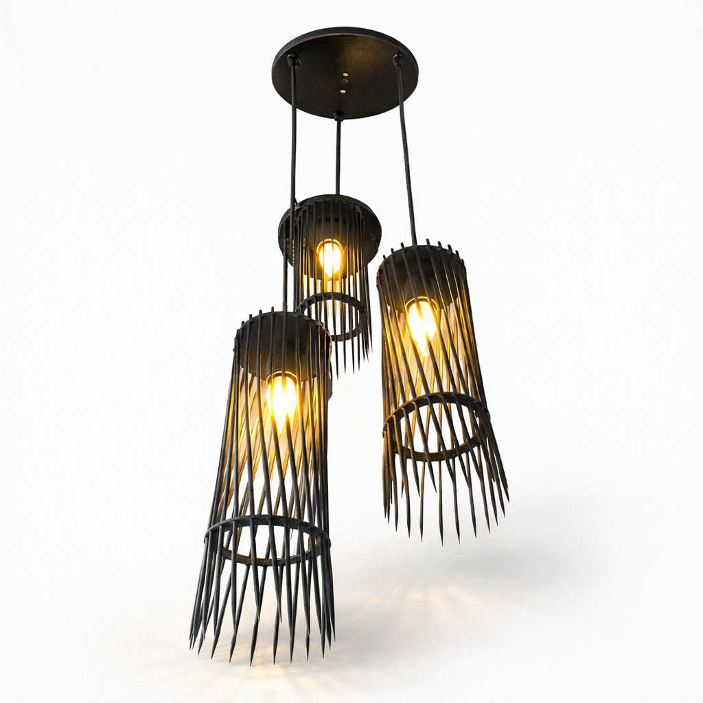 Industrial metal cage pendant light with warm ambient glow