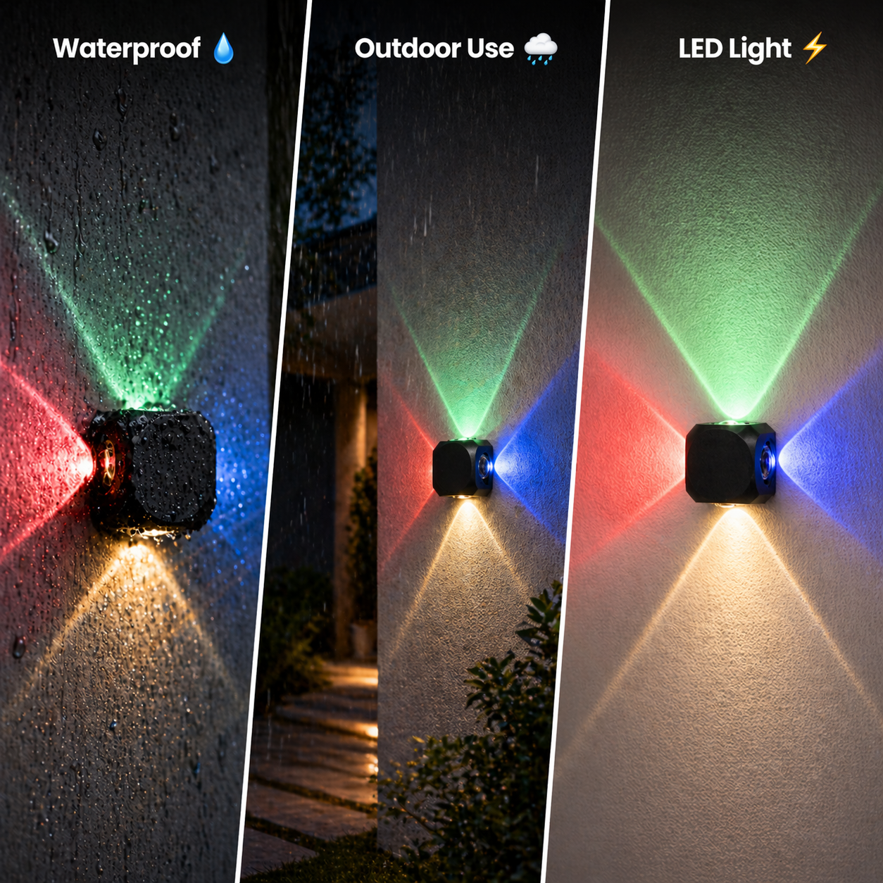 Outdoor wall light fixture with waterproof, outdoor use, and LED light features.