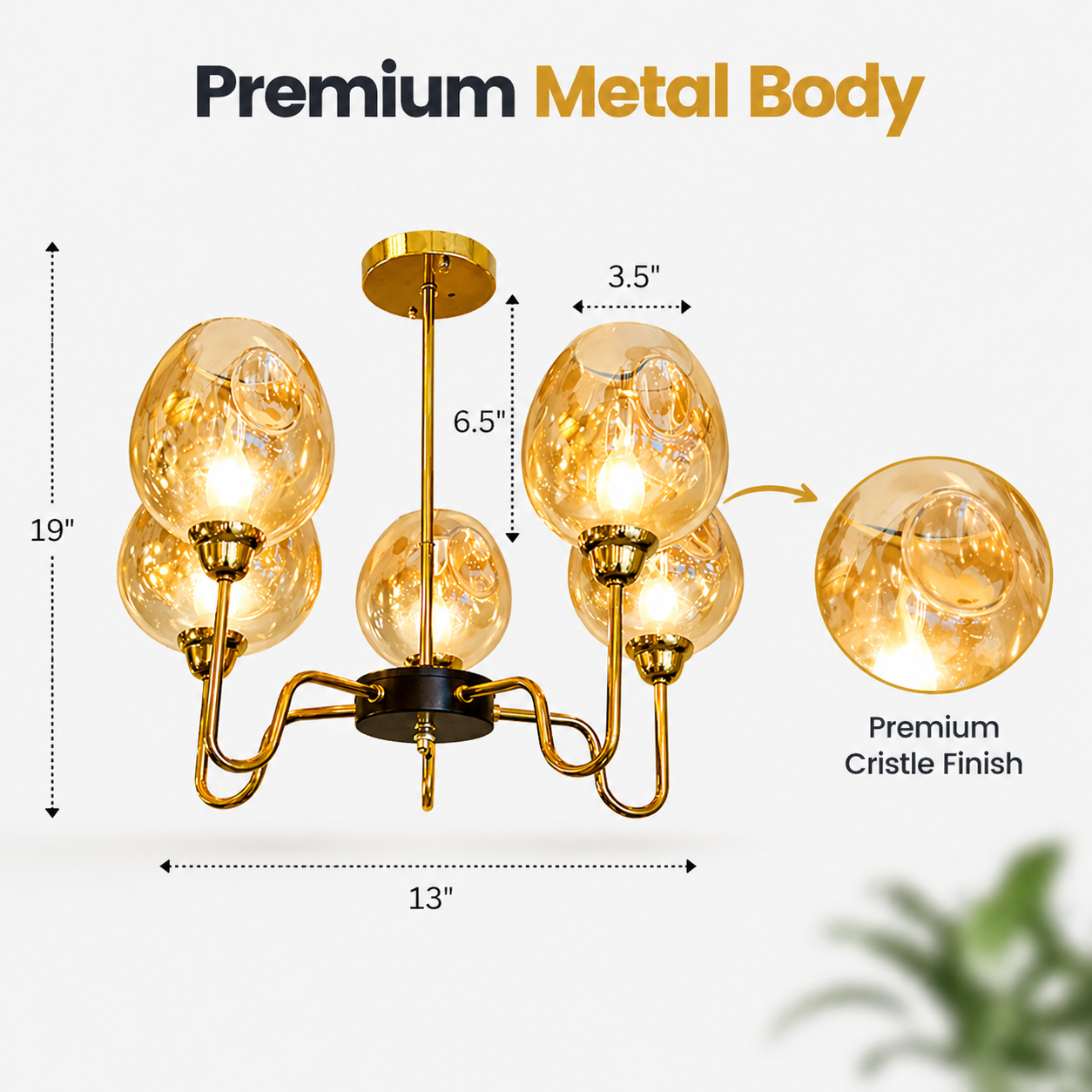 Chandelier with dimensions and features highlighted on a white background