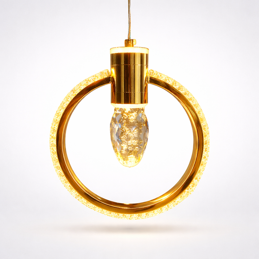 Modern gold LED chandelier with crystal ring design
