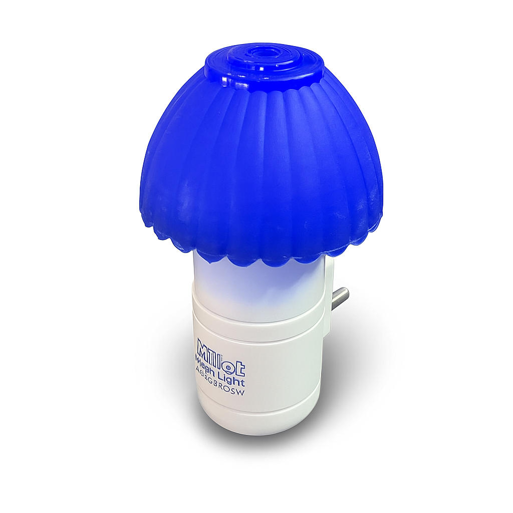 Blue mushroom-shaped night light on a white background