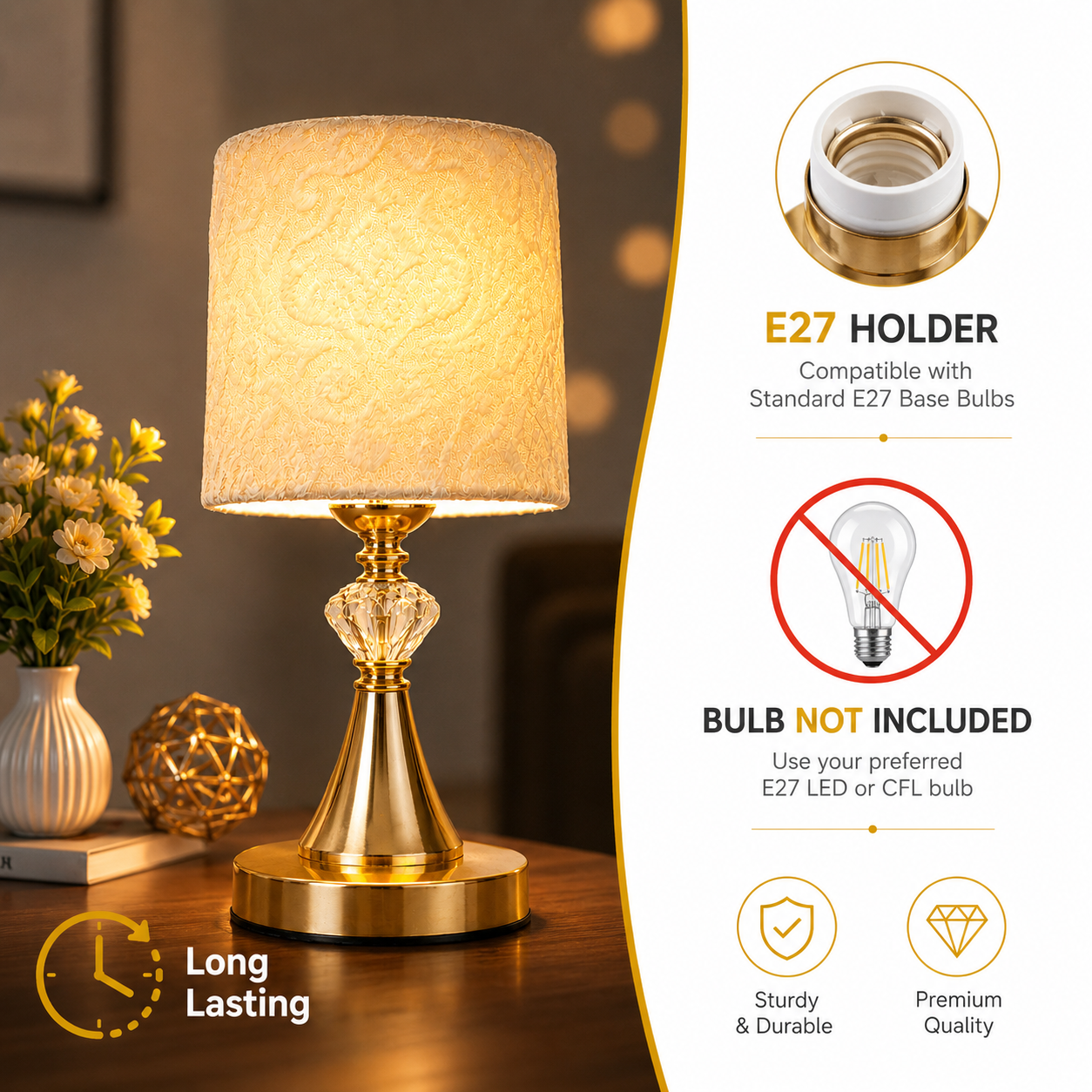 Decorative table lamp with gold base and textured shade on a wooden surface, with product details on the right.