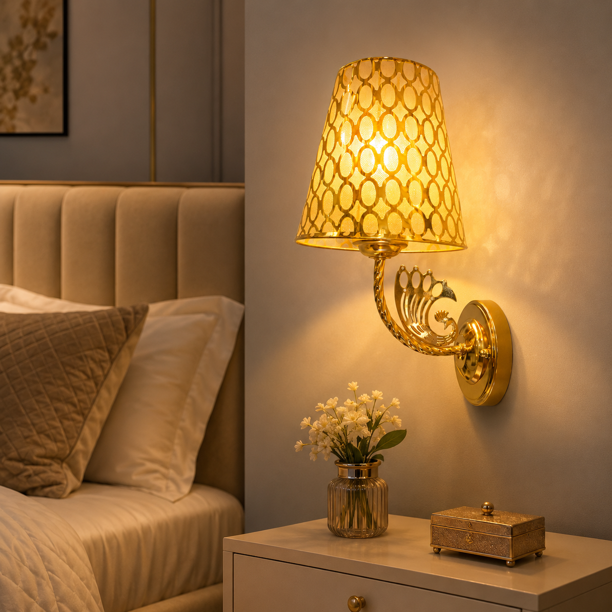 Decorative wall lamp in a bedroom setting with a bed and nightstand.
