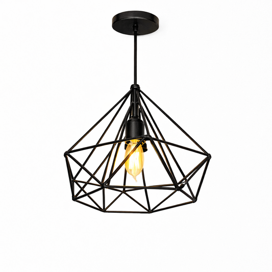 Modern black geometric pendant light with warm Edison bulb glow
