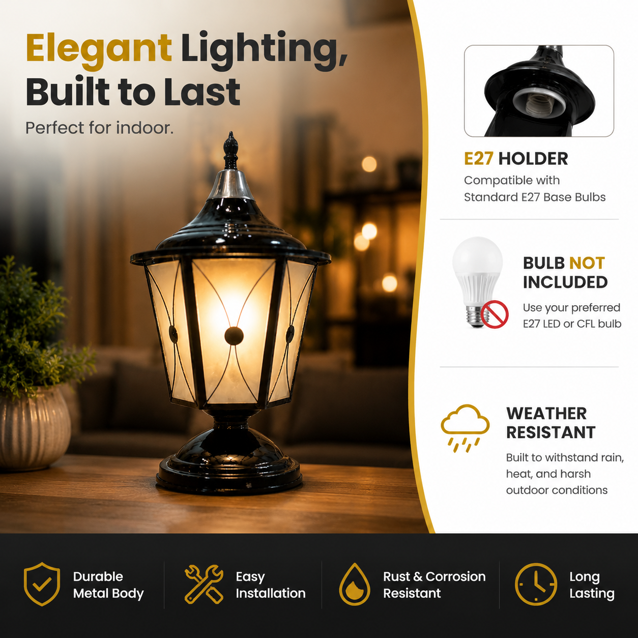 Decorative outdoor lamp with features listed on the right, set against a blurred indoor background.