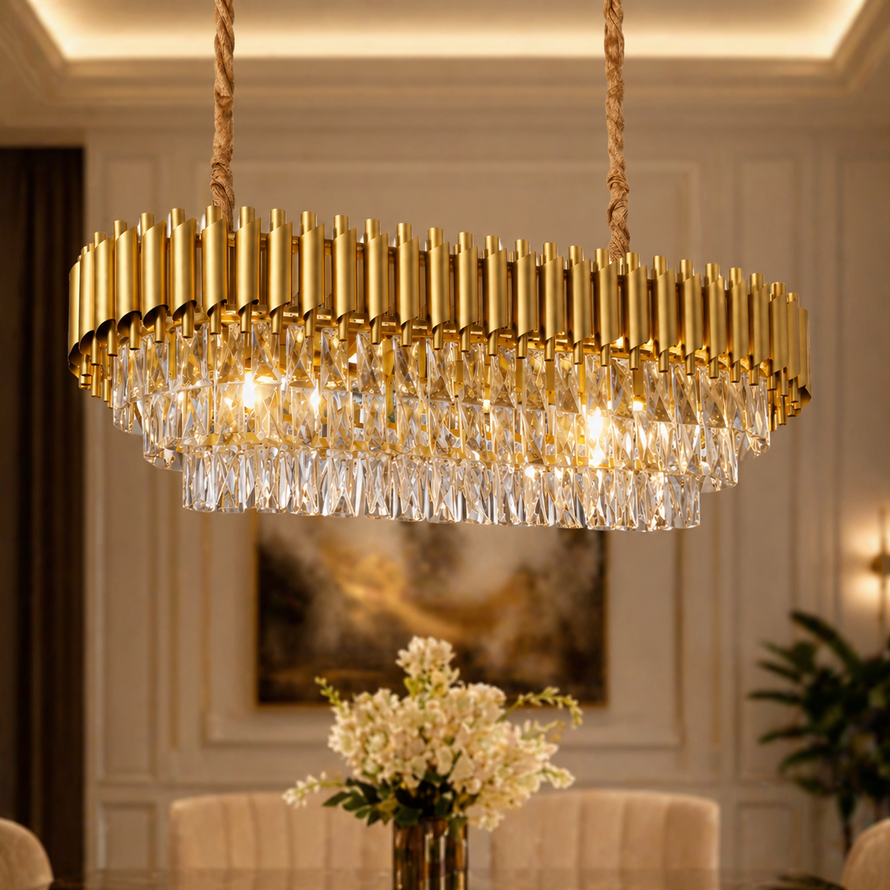 Gold chandelier hanging in a room with a vase of flowers on a table.