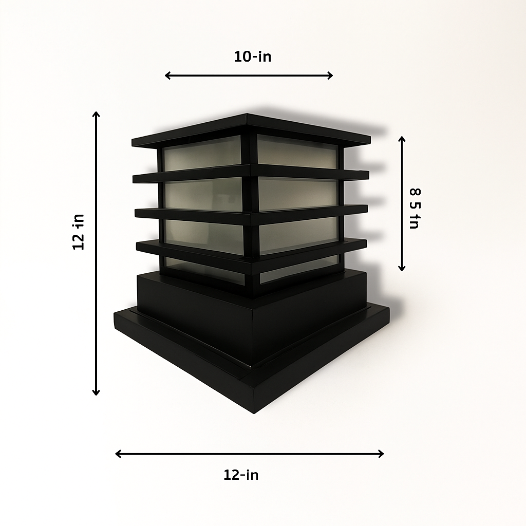 Black outdoor light fixture with dimensions labeled on a white background