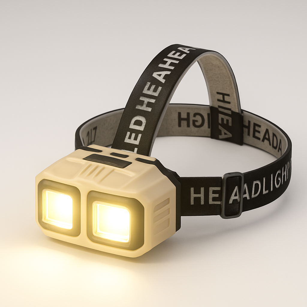 Headlamp with a black strap labeled 'HEAHEAD' on a light gray background