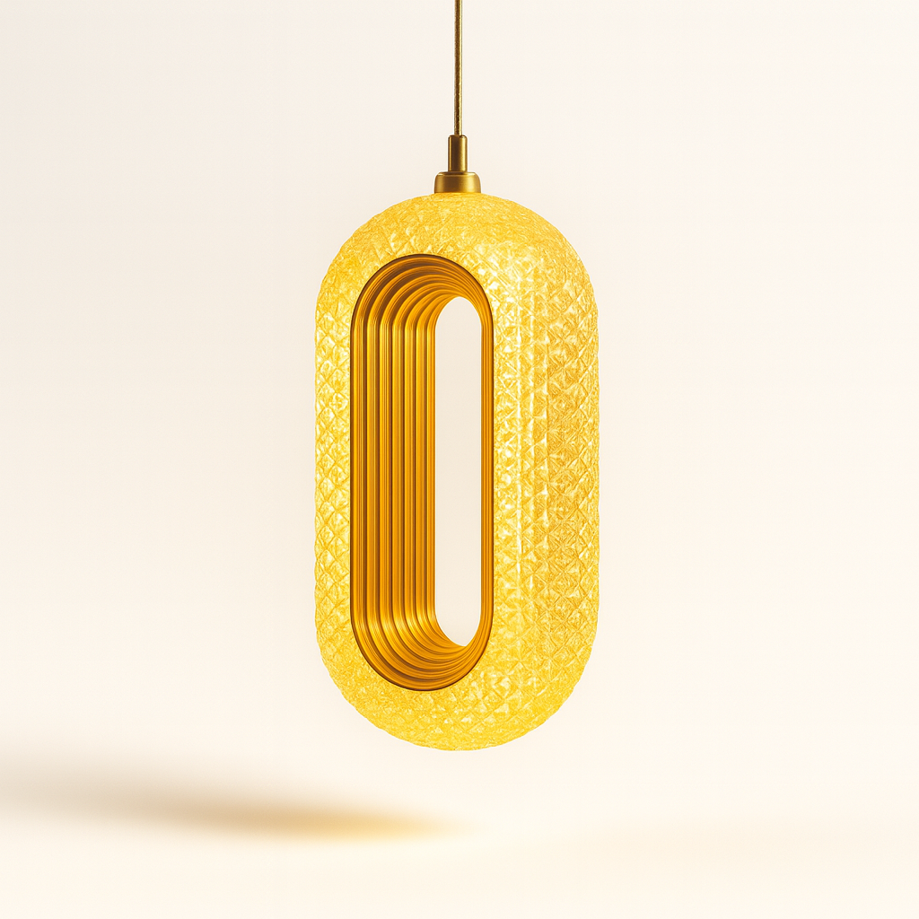 Yellow pendant lamp with textured design on a beige background
