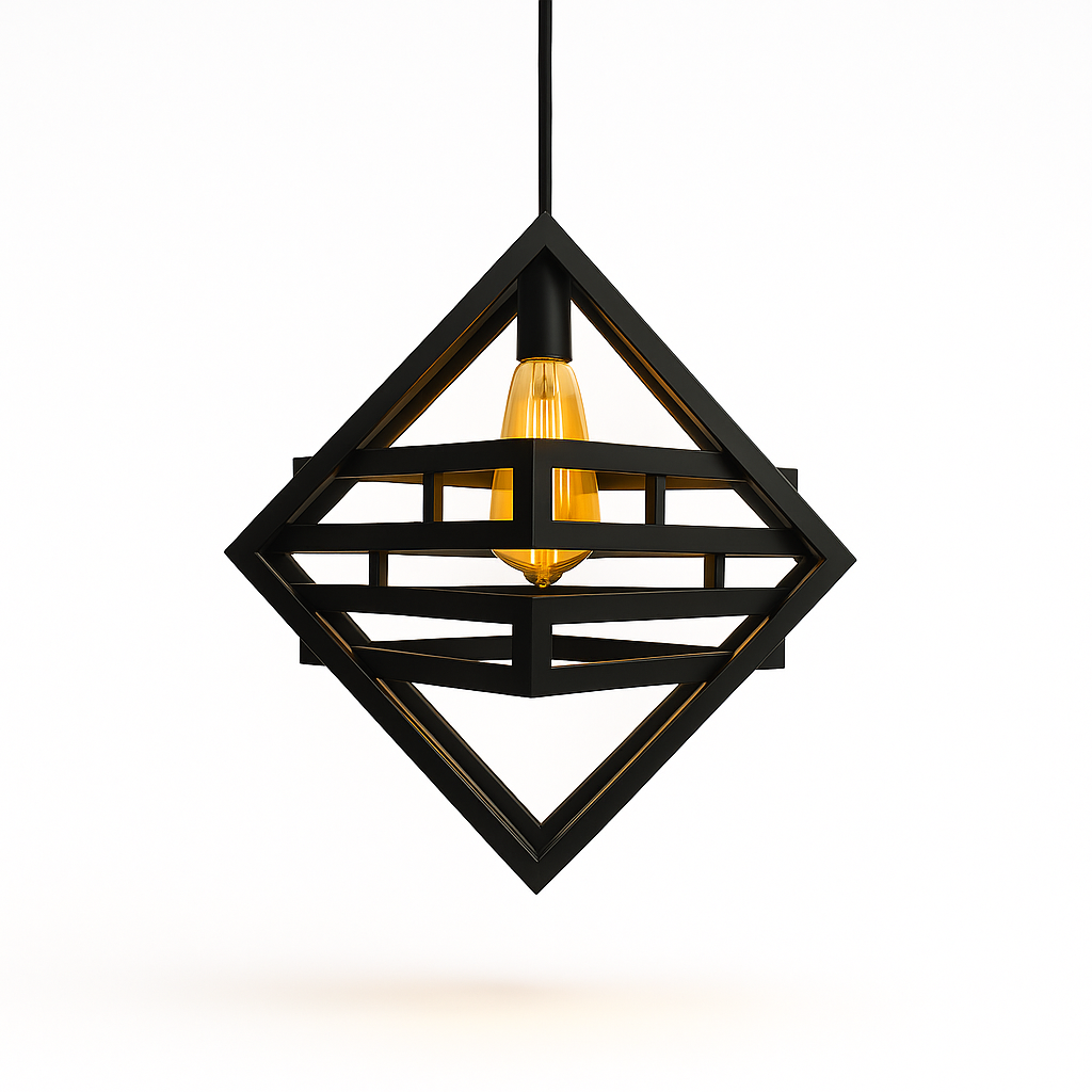 Black geometric pendant light with a lit bulb on a white background