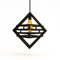 Black geometric pendant light with a lit bulb on a white background