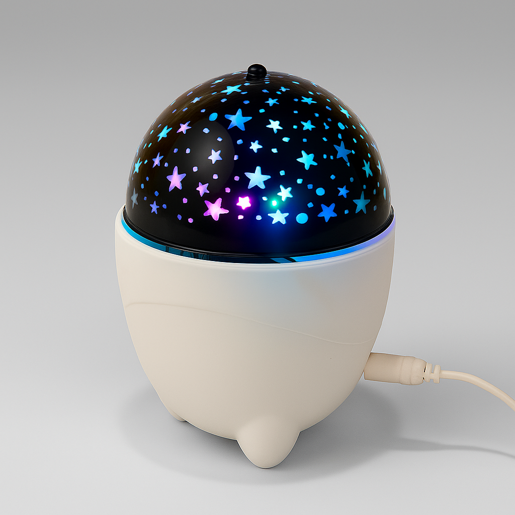 Starry night light projector with colorful star patterns on a gray background