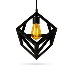 Black geometric pendant light with a yellow light bulb on a white background