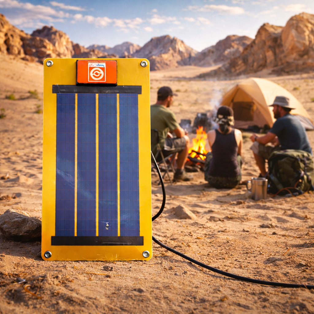 Solar panel in front of a desert scene with people around a campfire and tent.