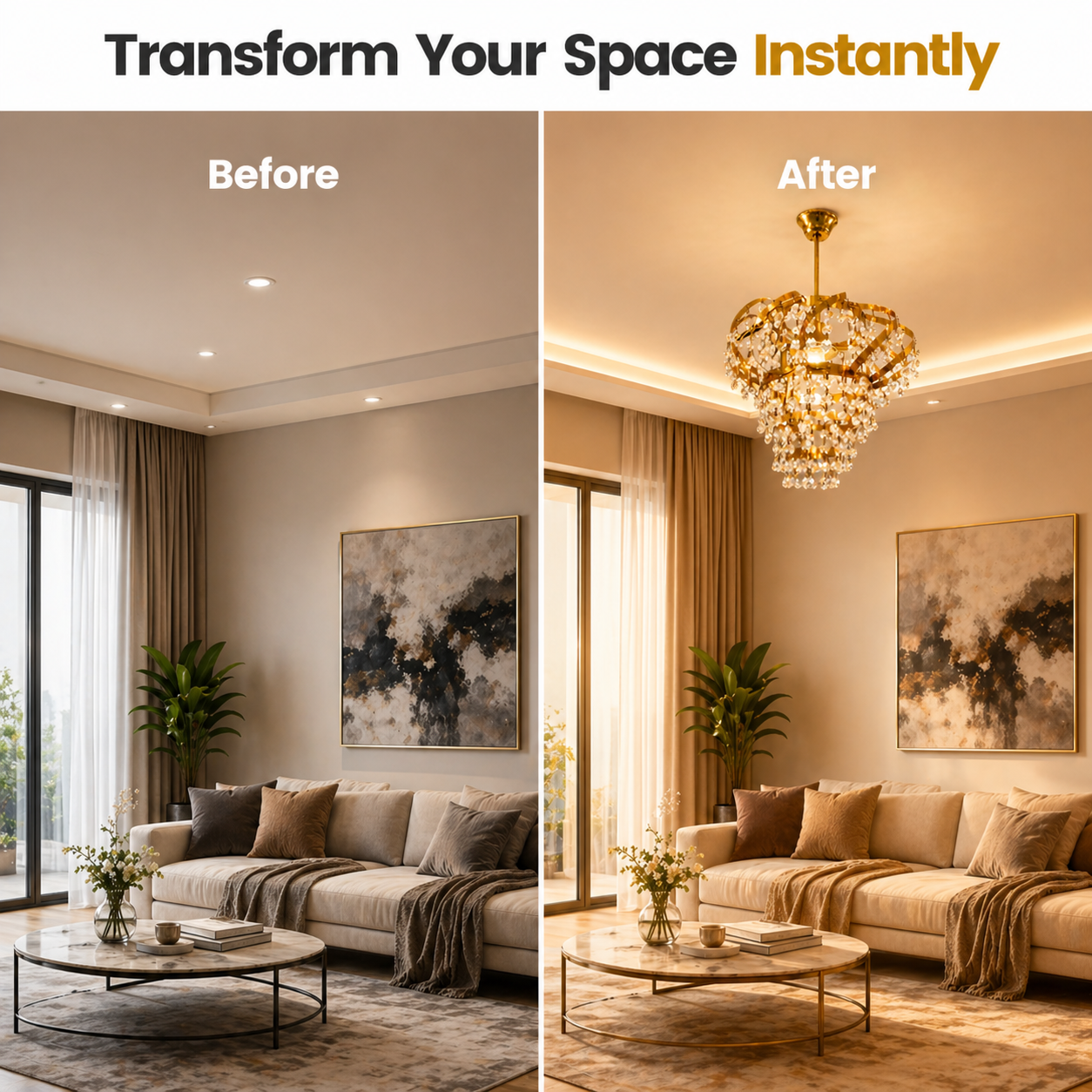 Before and after comparison of a living room with added chandelier.