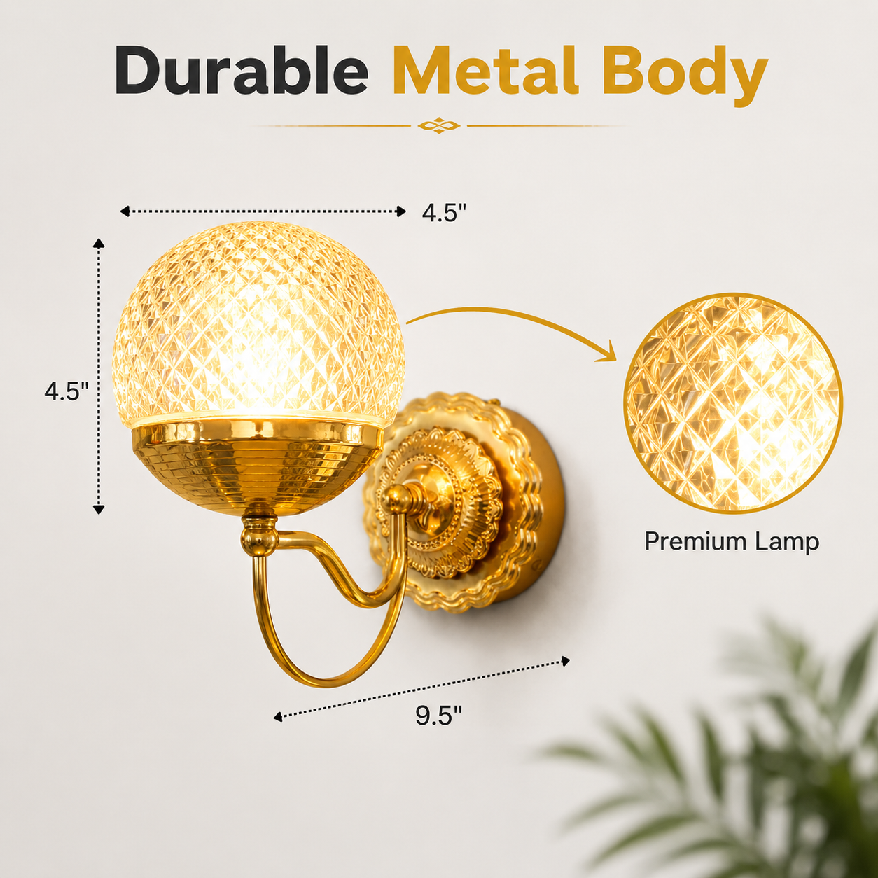 Gold wall sconce with dimensions labeled on a light gray background