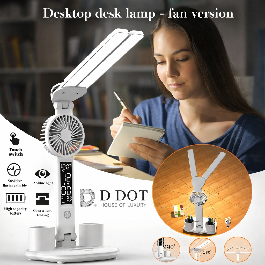 Desktop desk lamp with fan feature and woman using it in a study setting