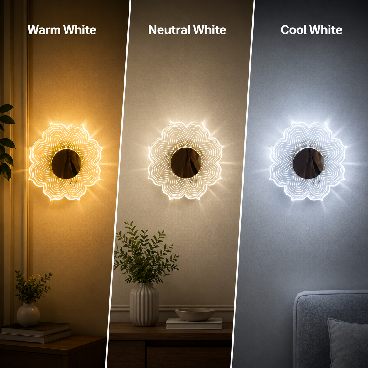 Three wall lights emitting warm white, neutral white, and cool white light on a neutral background.