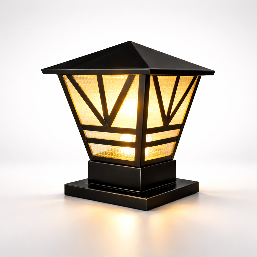 Black metal outdoor post light with warm LED glow