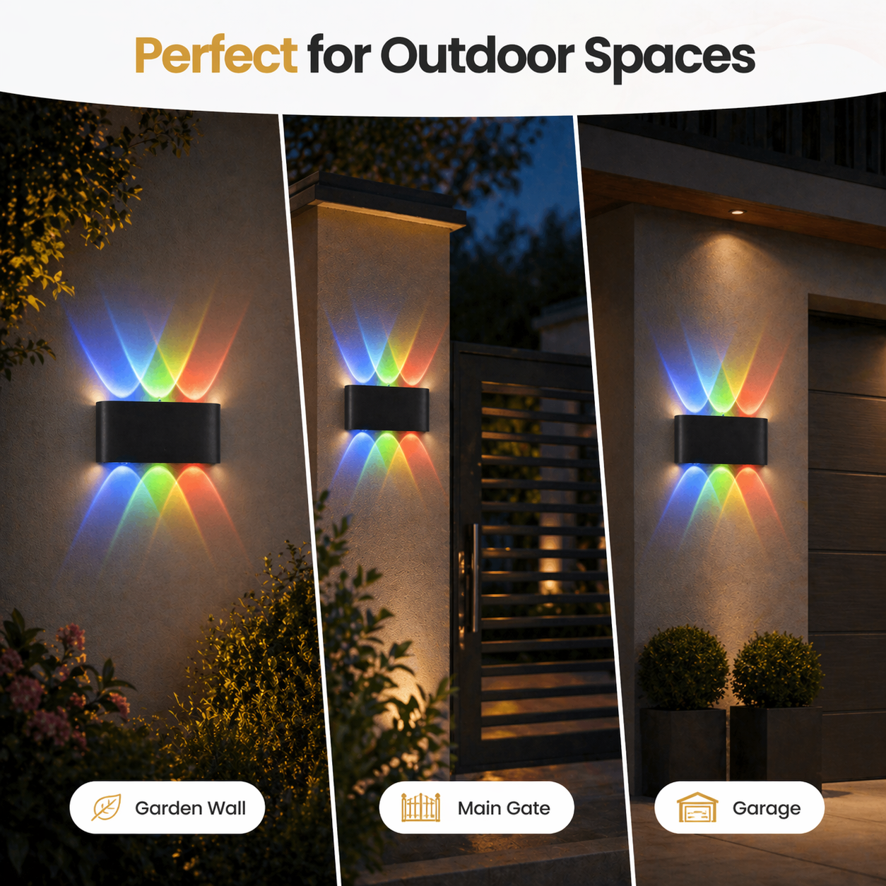 Outdoor wall lights with colorful rainbow effect on a building exterior.