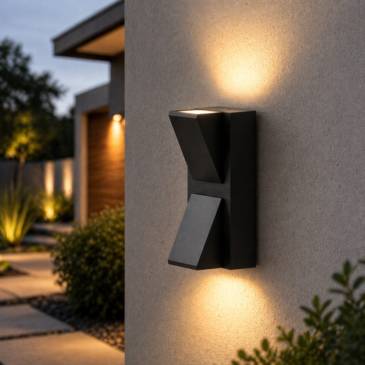 Modern outdoor wall light fixture on a building exterior with garden and house in the background.