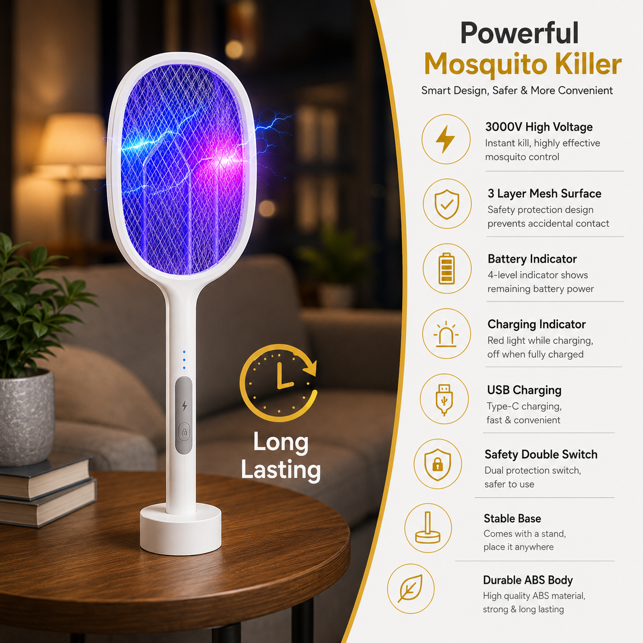 Rechargeable Electric Mosquito Killer Racket with USB Charging
