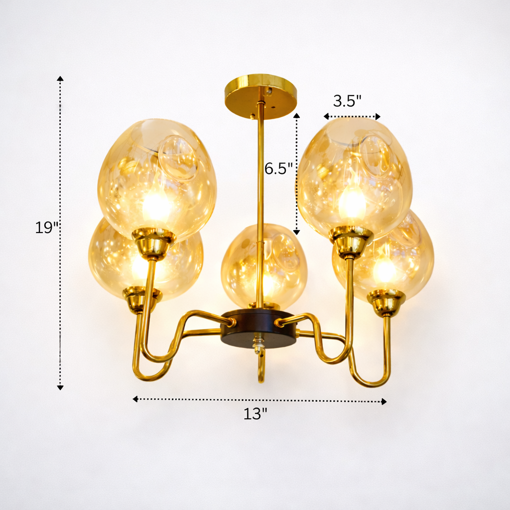 Gold chandelier with dimensions labeled on a white background