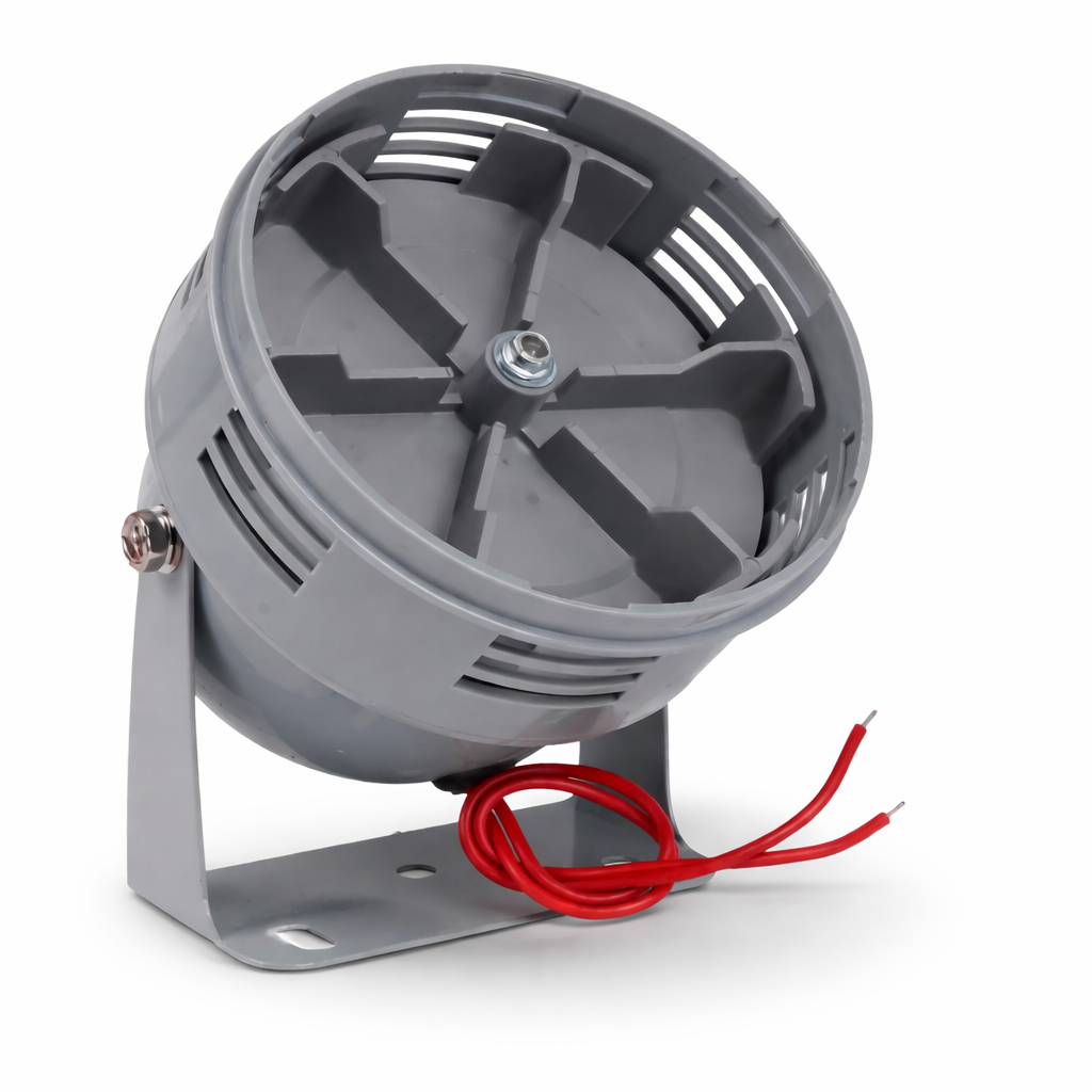 Gray loudspeaker with red wire on a white background