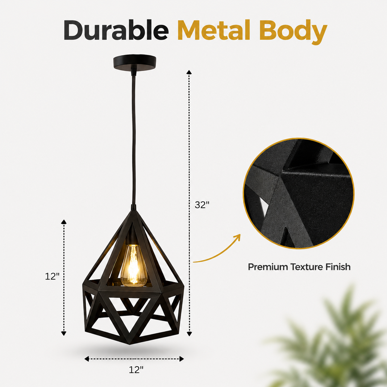 Black pendant light with measurements and texture finish details on a white background