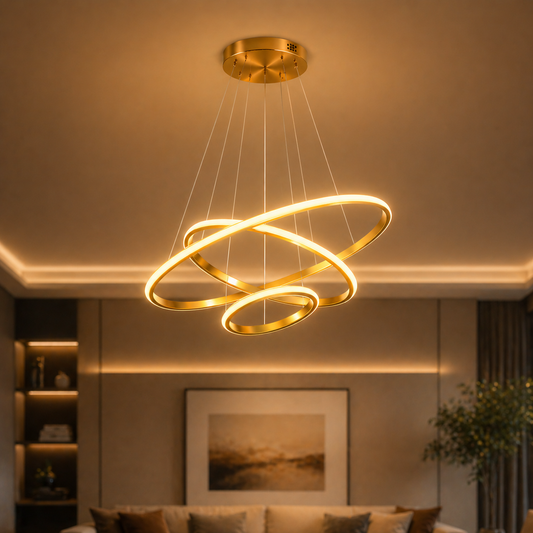 Modern chandelier with three interlocking rings in a living room setting.