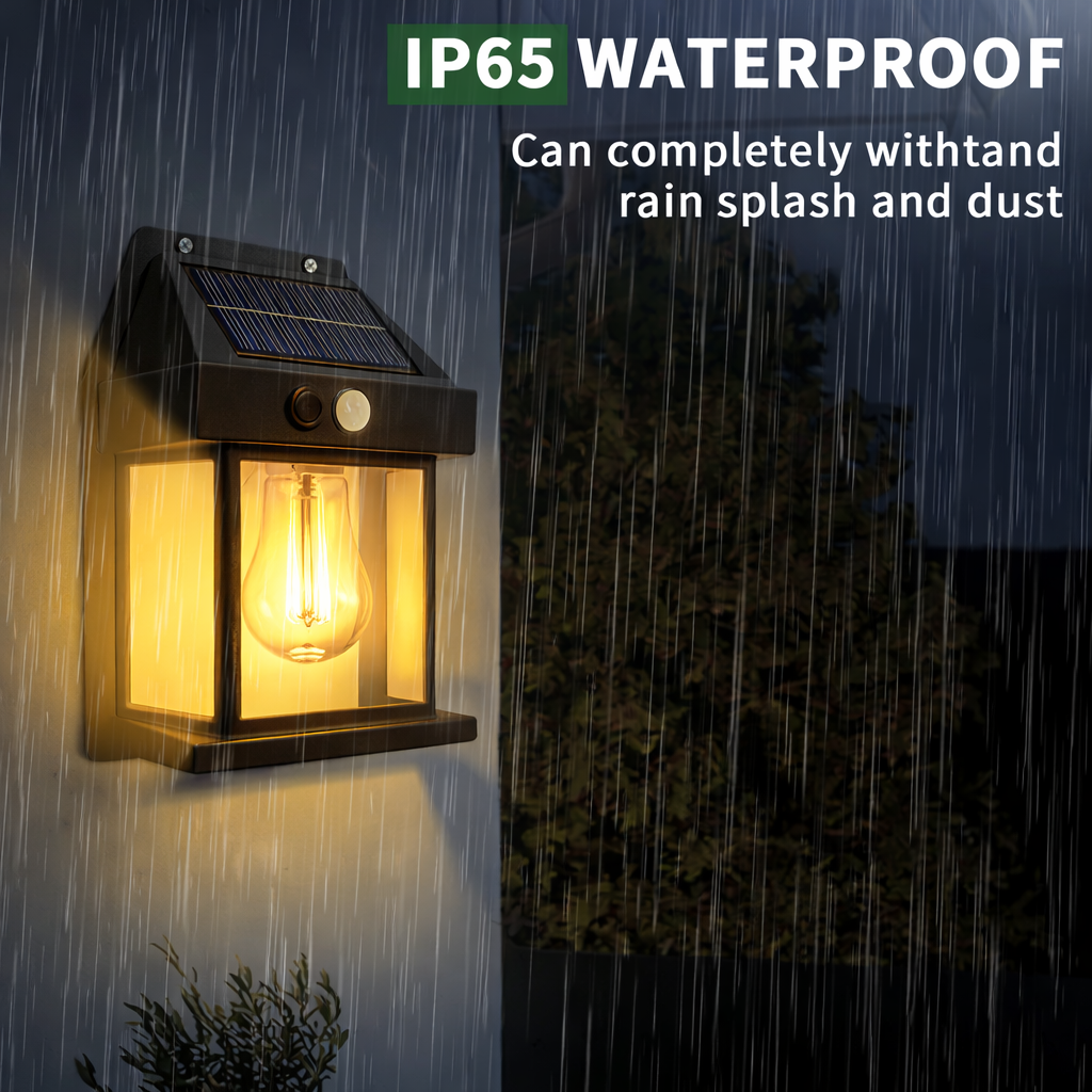 Waterproof outdoor light fixture with rain simulation in the background