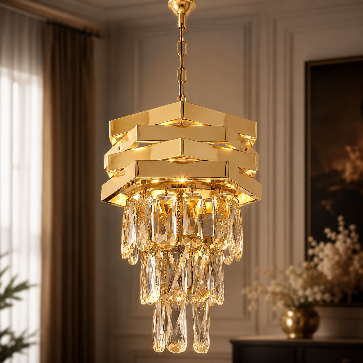 Gold chandelier with crystal accents in a room with curtains and a painting.