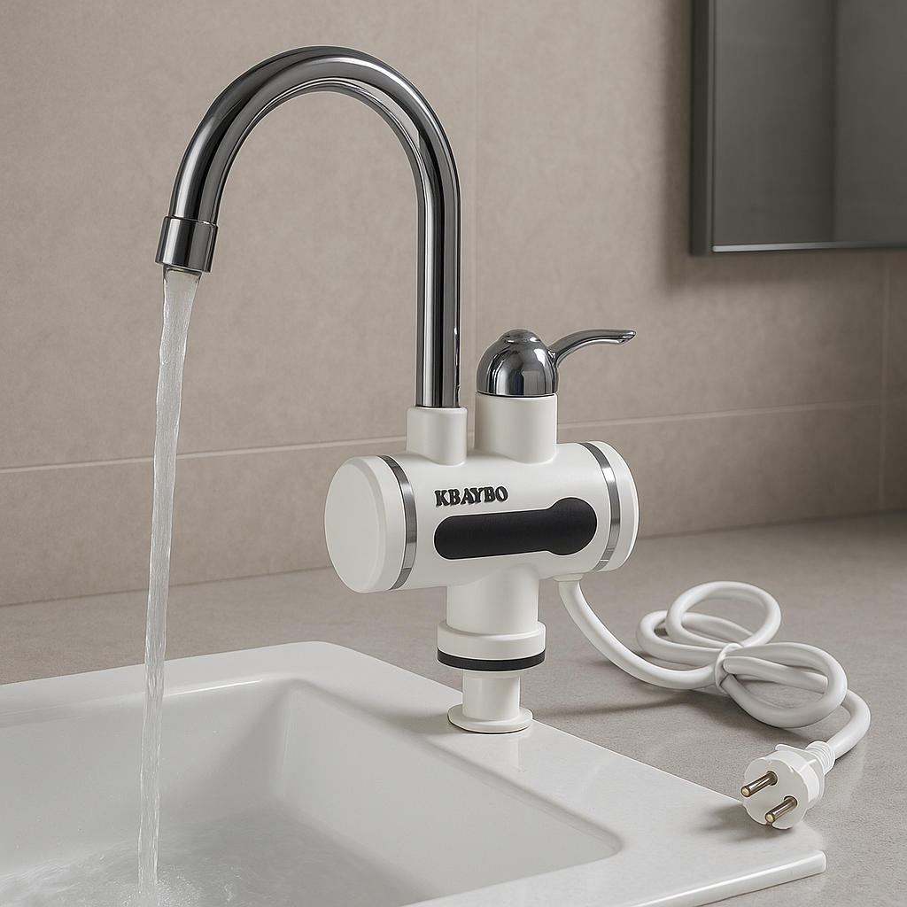 Kraybo electric water heater attached to a sink with water flowing.