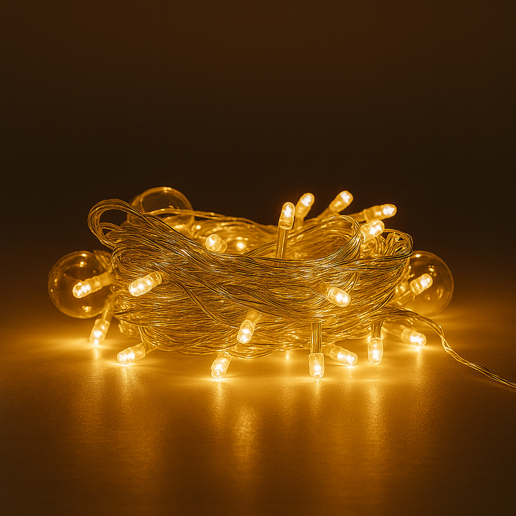 String of lights with a warm glow on a dark background