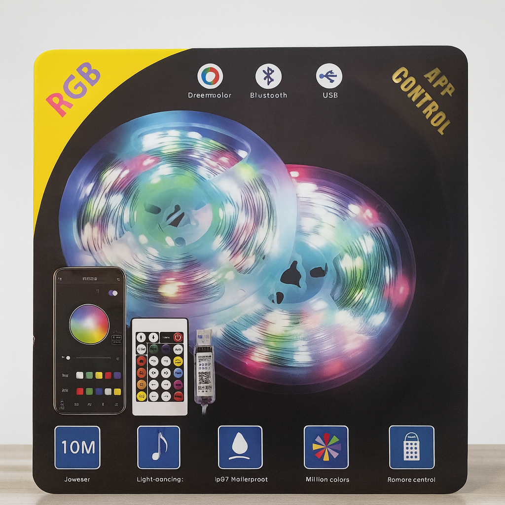 Packaging of LED strip lights with RGB, app control, and other features displayed.