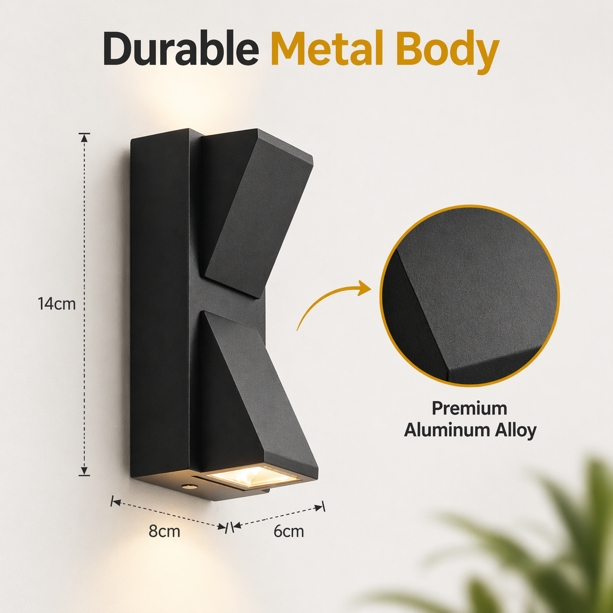 Black outdoor wall light fixture with dimensions and material details on a white background