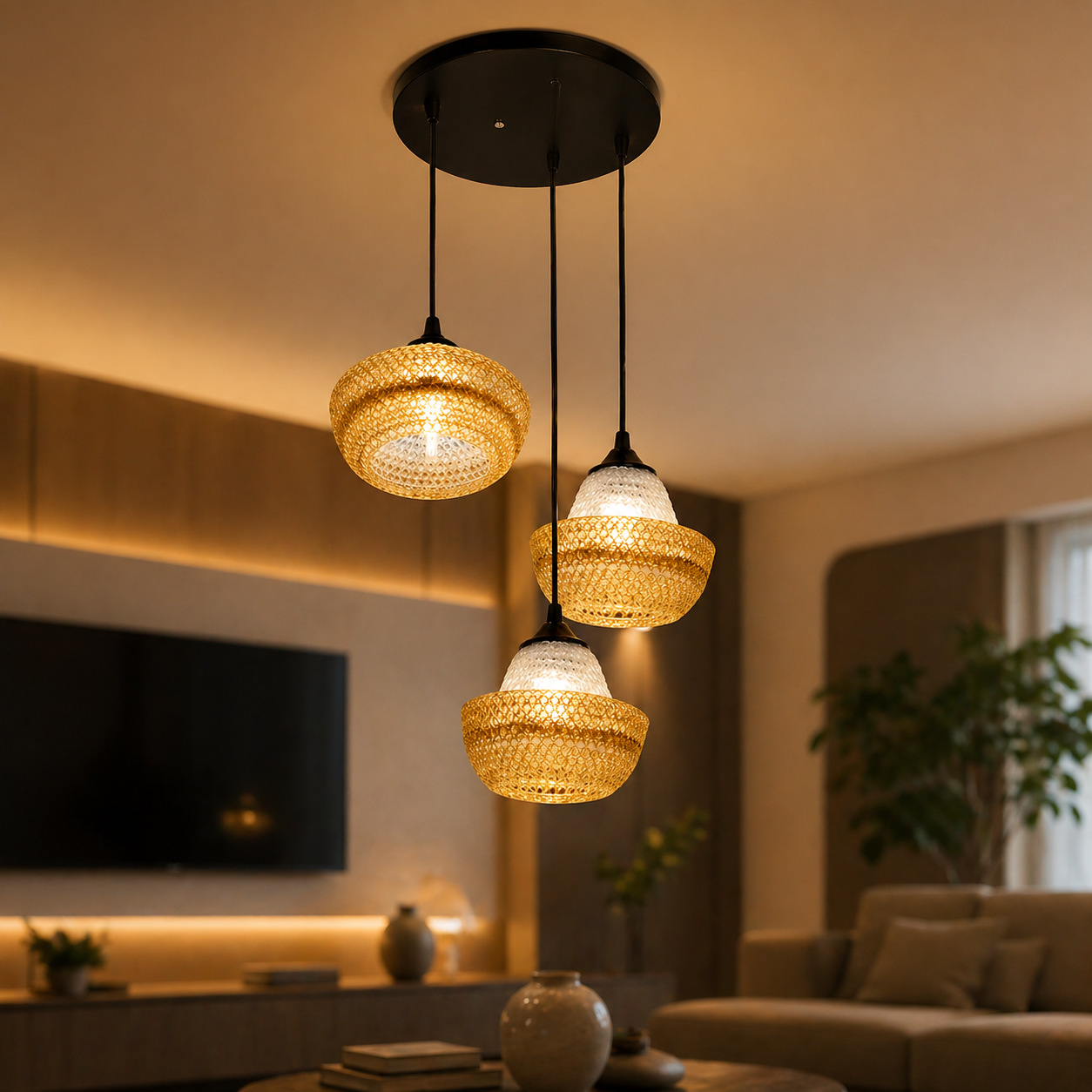 Modern pendant lights hanging in a living room setting