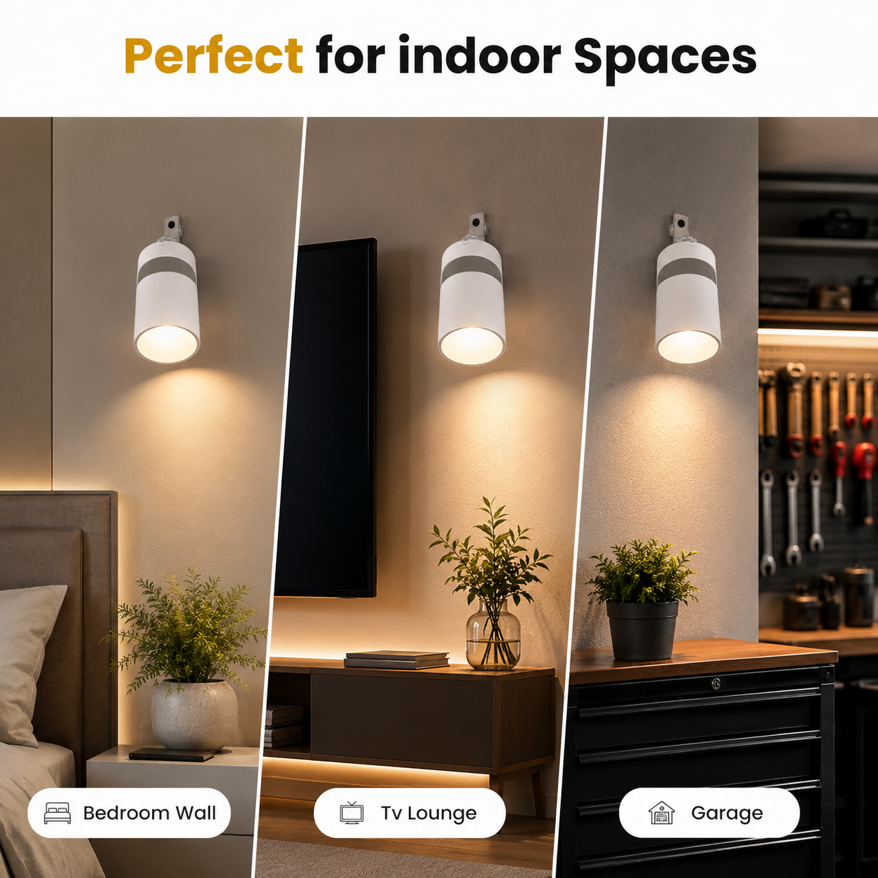 Light fixture shown in various indoor settings with text 'Perfect for indoor Spaces'.