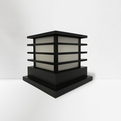 Black outdoor light fixture on a white background